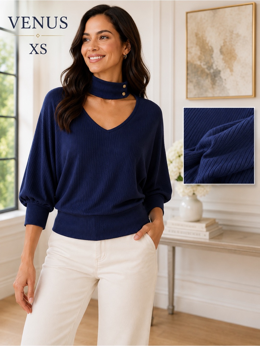 VENUS XS Ribbed Choker Neck Dolman Sleeve Blue Knit Top